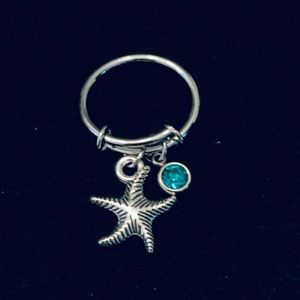 Starfish Shell charm dangle ring with birthstone/rhinestone charm
